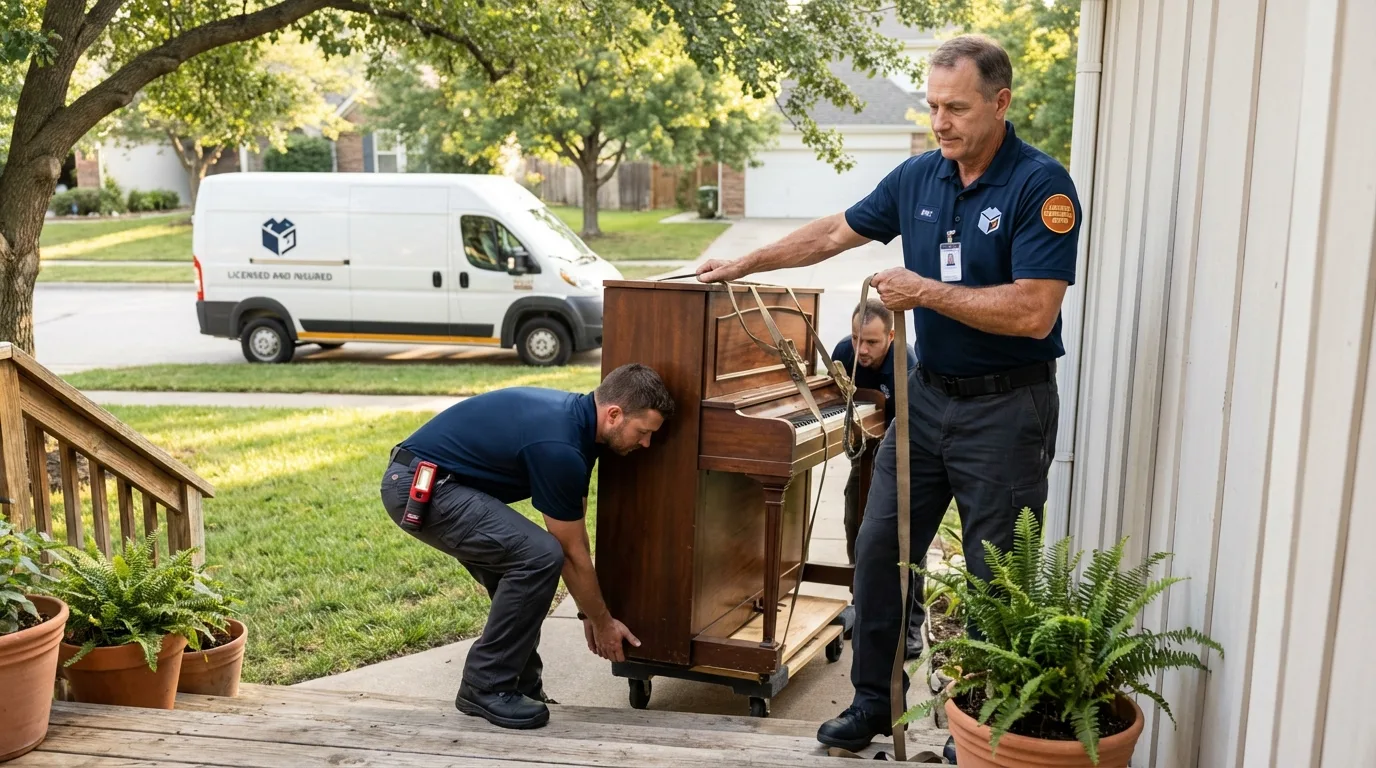Licensed piano movers securing grand piano in Essex, MD