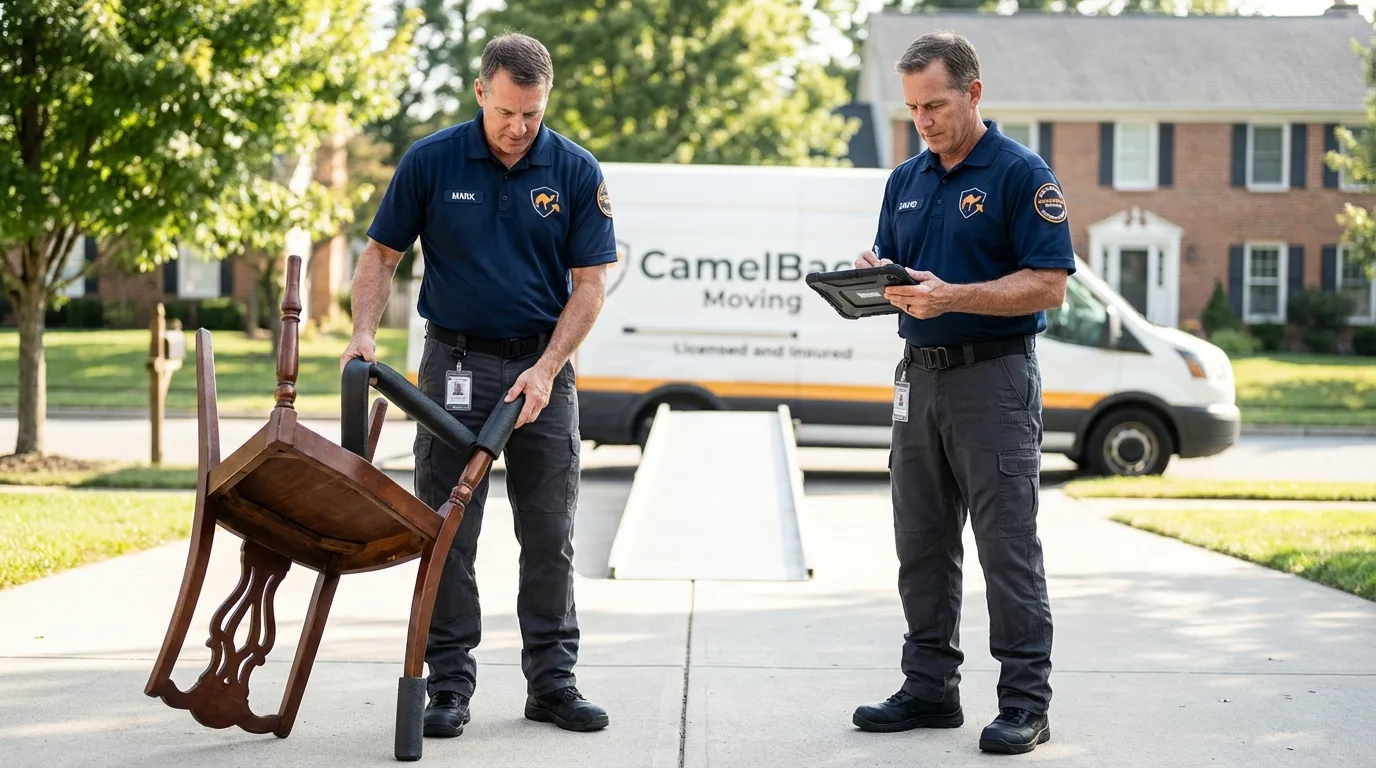 Movers inspecting furniture for damage prevention before loading in Essex, MD