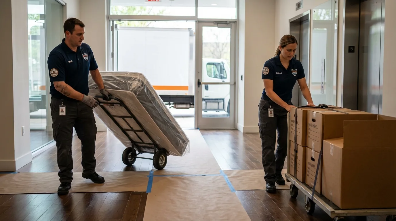 Professional apartment movers loading elevator in Essex, MD